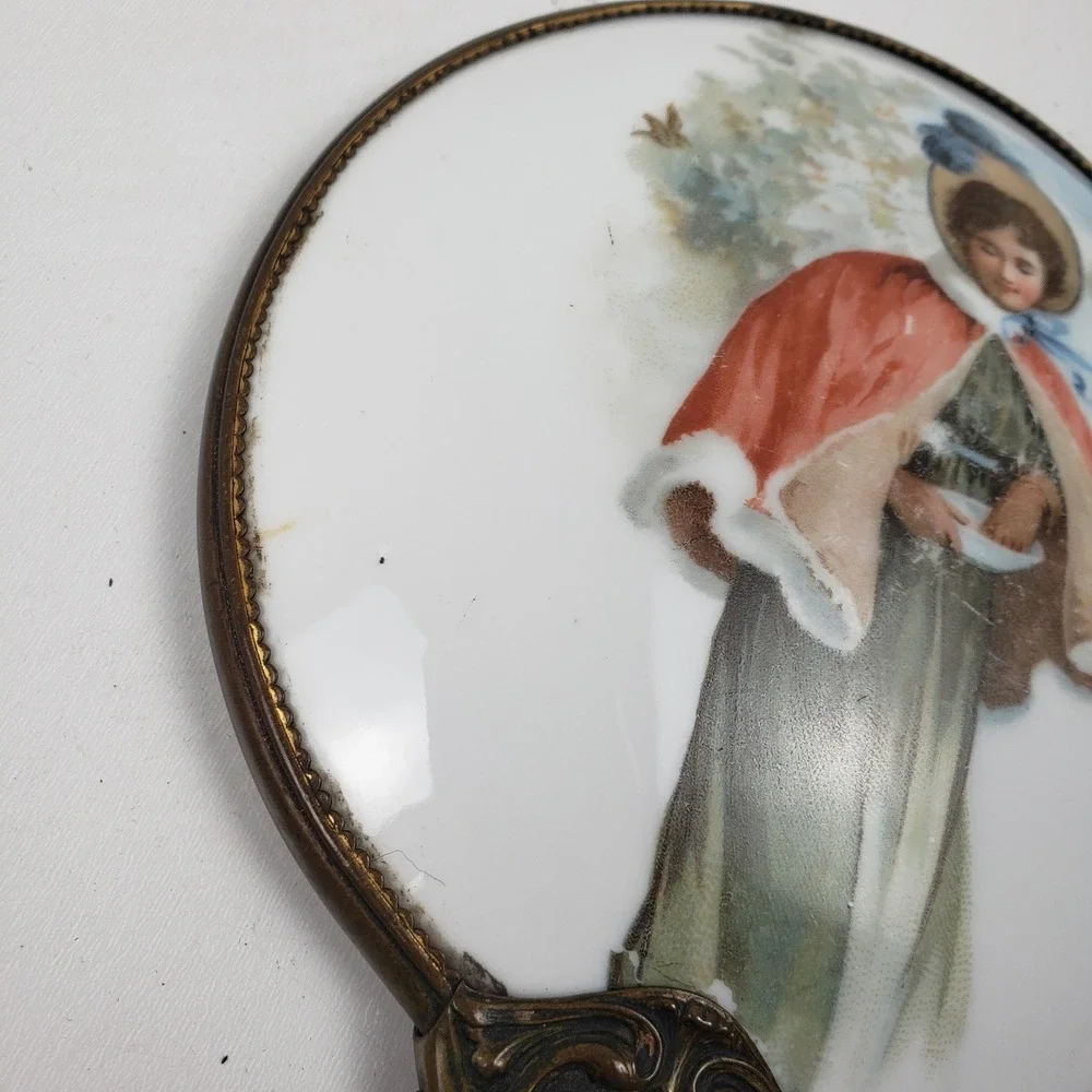 Vintage Victorian Style Hand Mirror Ornate Brass Porcelain Lady Red Cape Beveled